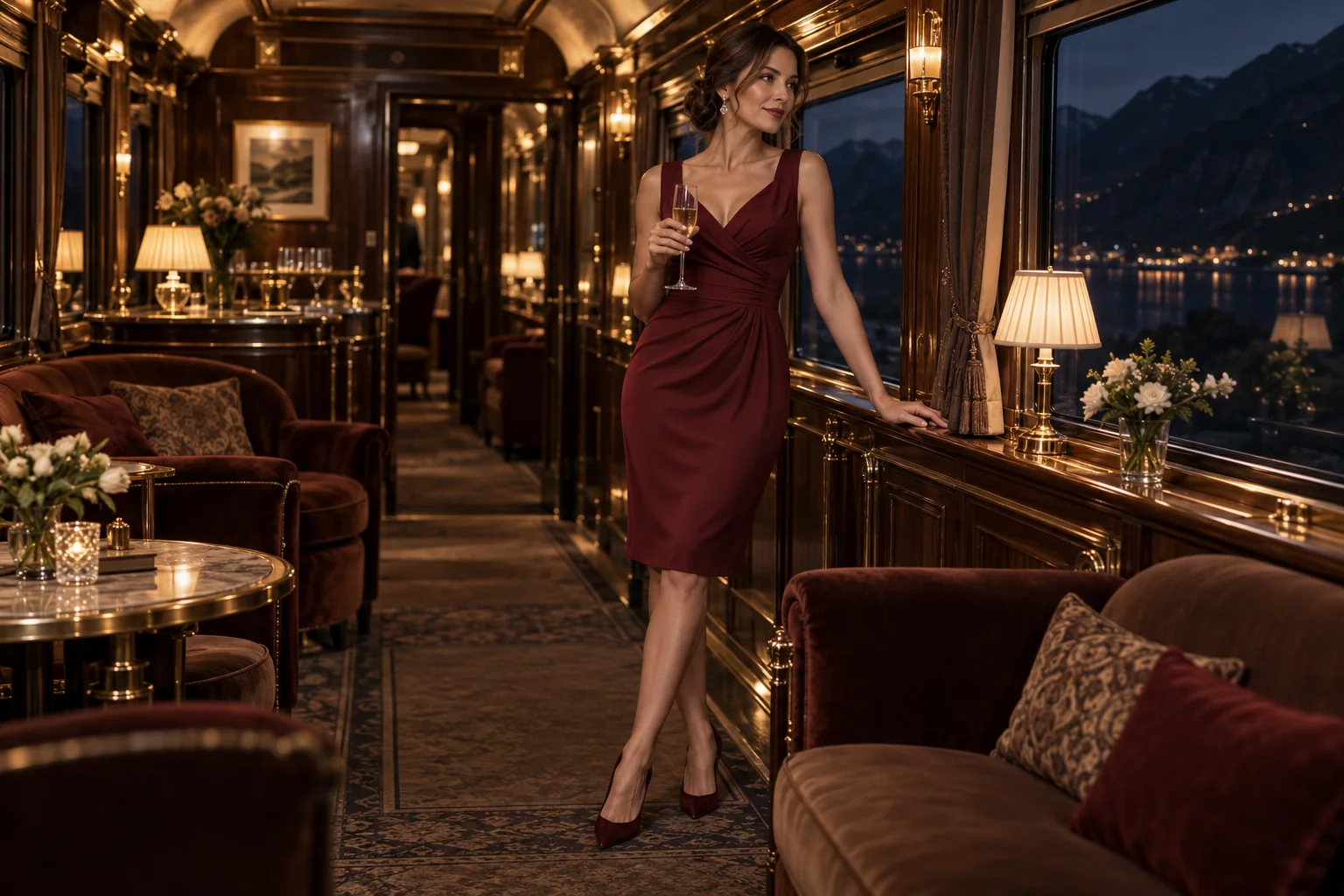 Illustration générée par IA : Femme adulte de 35 ans, robe de soirée ajustée bordeaux et escarpins, salon de train nocturne, silhouette élancée
