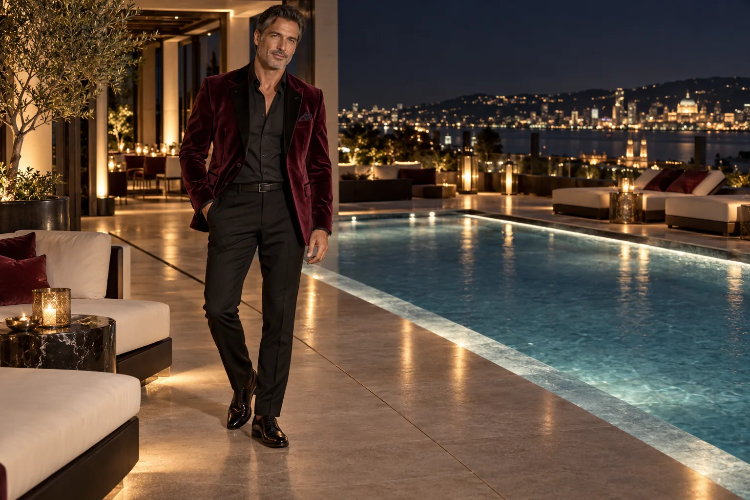 Illustration générée par IA : Homme adulte de 45 ans, veste de velours bordeaux et chemise noire, salon de toit près d’une piscine éclairée, silhouette élancée