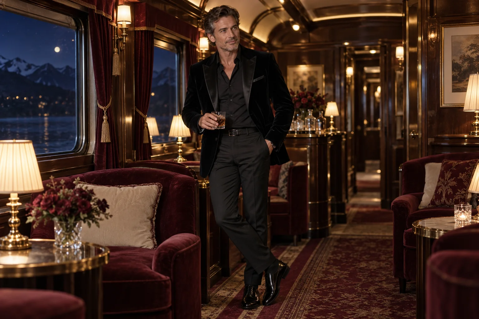 Illustration générée par IA : Homme adulte de 45 ans, veste de velours noir et chemise au col ouvert, salon de train ancien de nuit, silhouette élancée