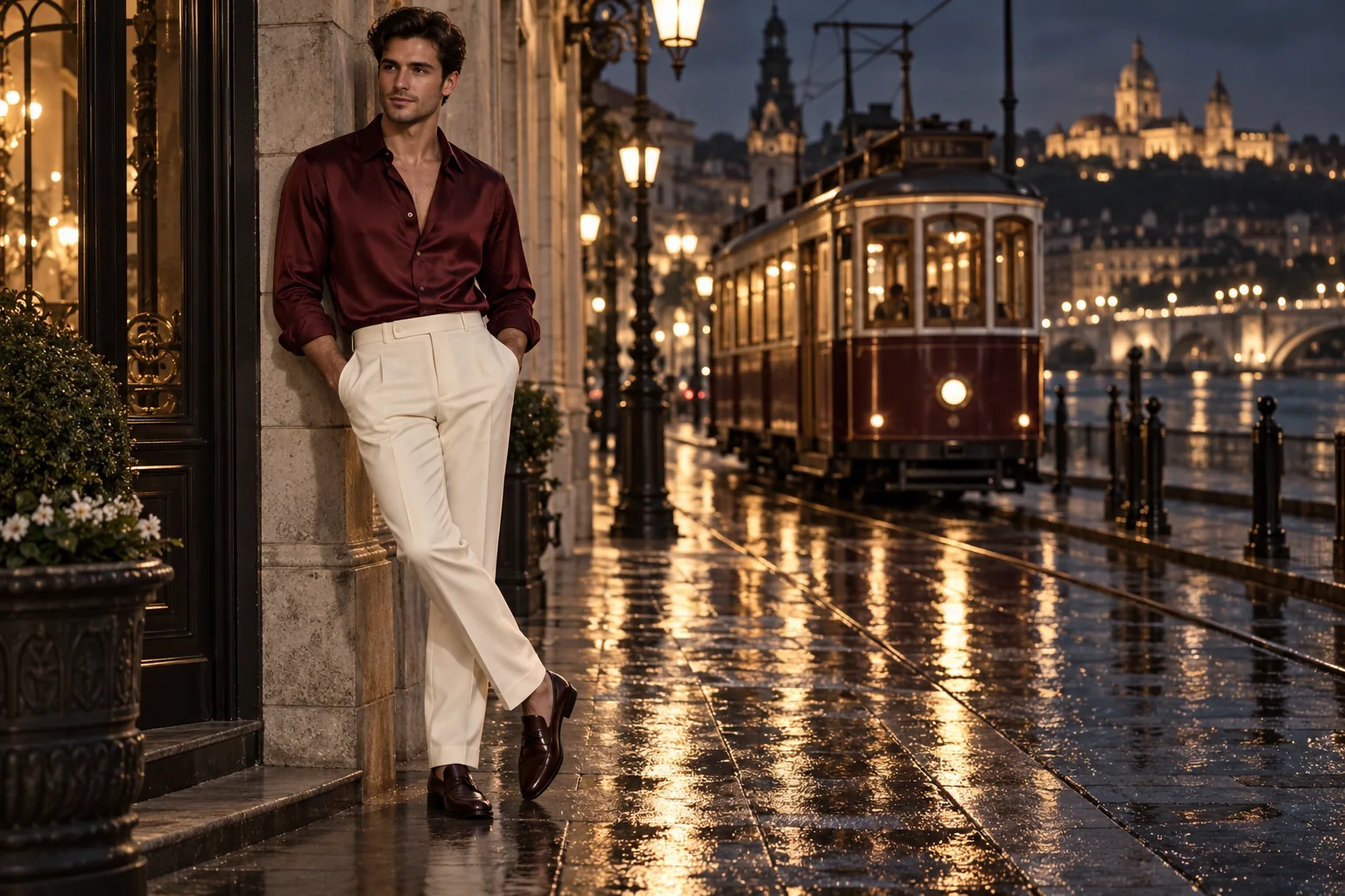 Illustration générée par IA : Homme adulte de 25 ans, chemise de soie bordeaux et pantalon ivoire, avenue nocturne après la pluie, silhouette élancée