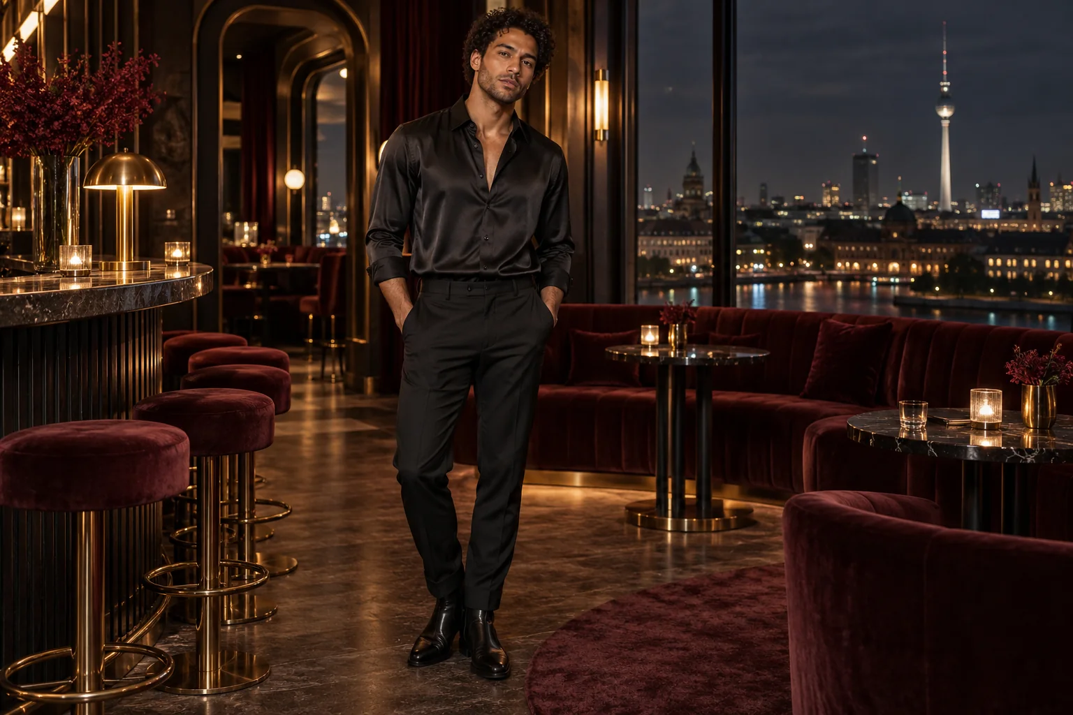 Illustration générée par IA : Homme adulte en chemise noire au col ouvert dans une ambiance berlinoise