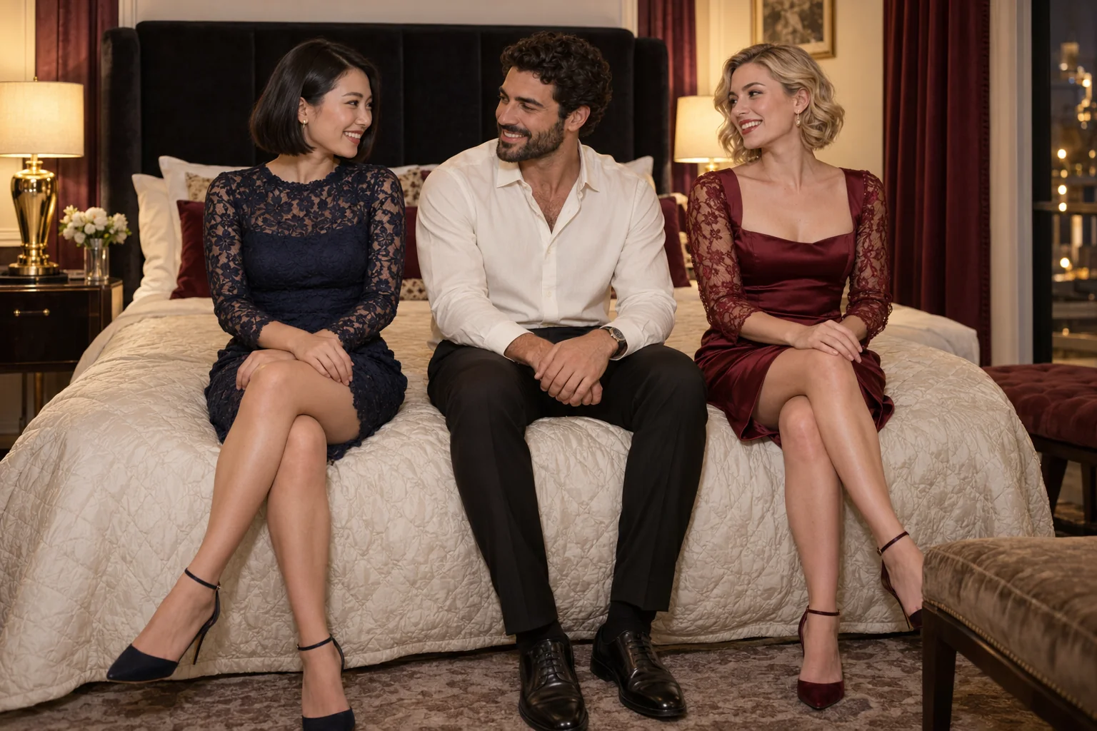 Illustration générée par IA : Deux femmes et un homme adultes, dentelle bleu nuit et satin bordeaux