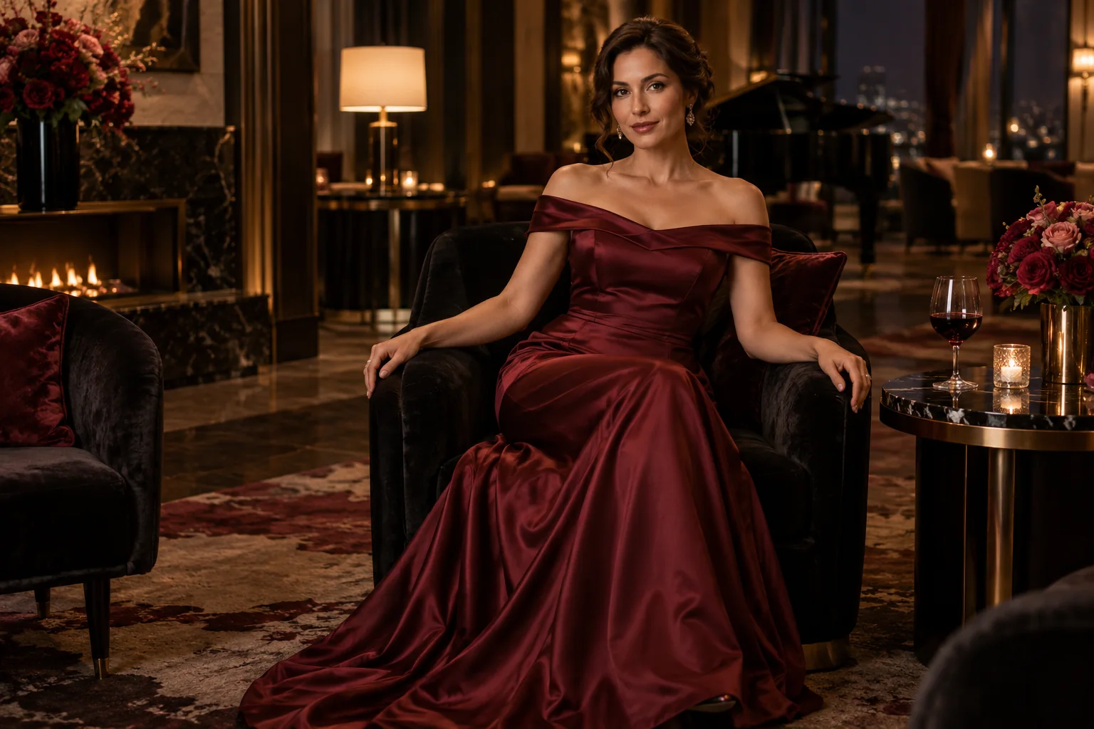 Illustration générée par IA : Femme adulte en robe de satin bordeaux dans un salon doré