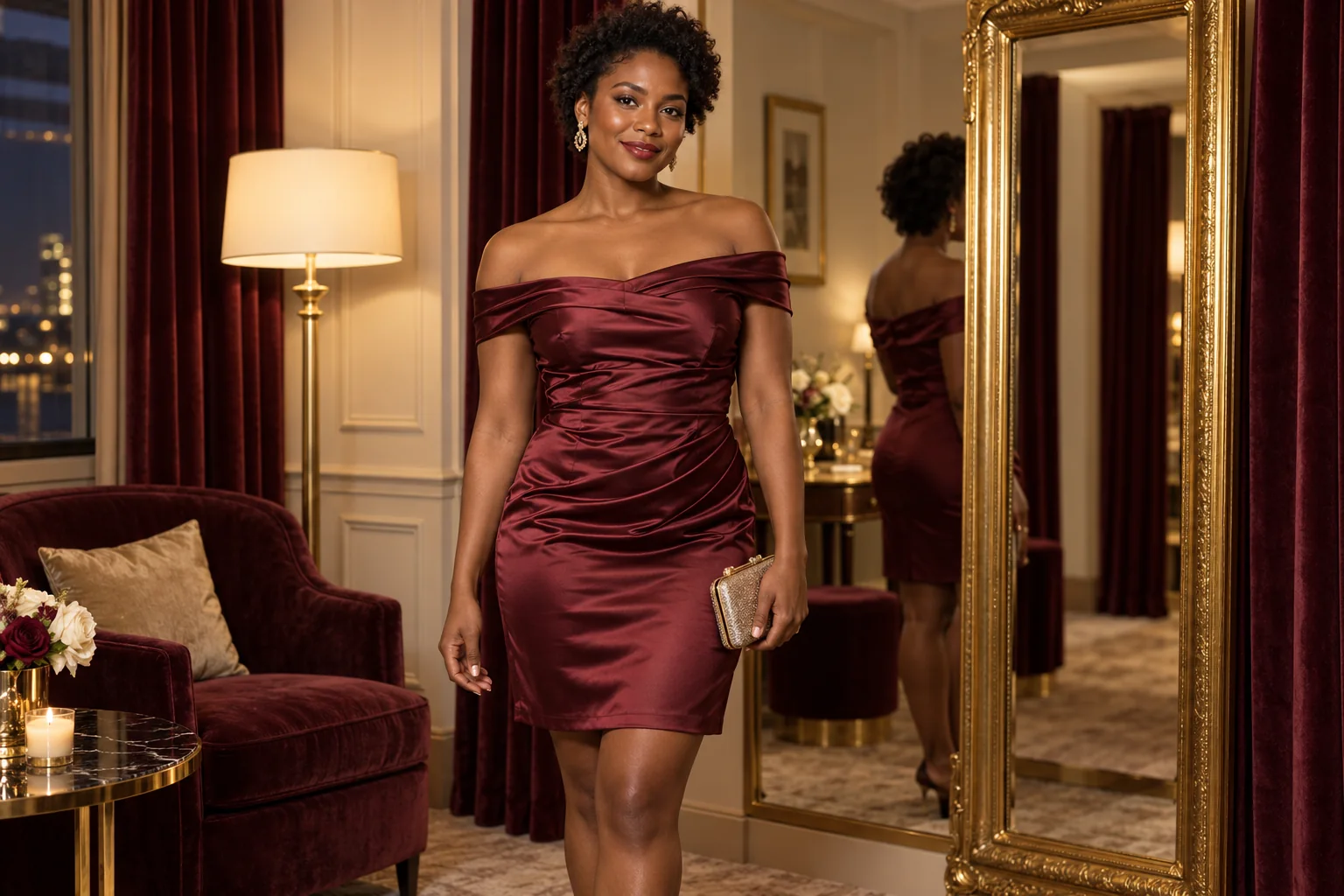 Illustration générée par IA : Femme adulte en robe courte ajustée de satin bordeaux près d’un miroir