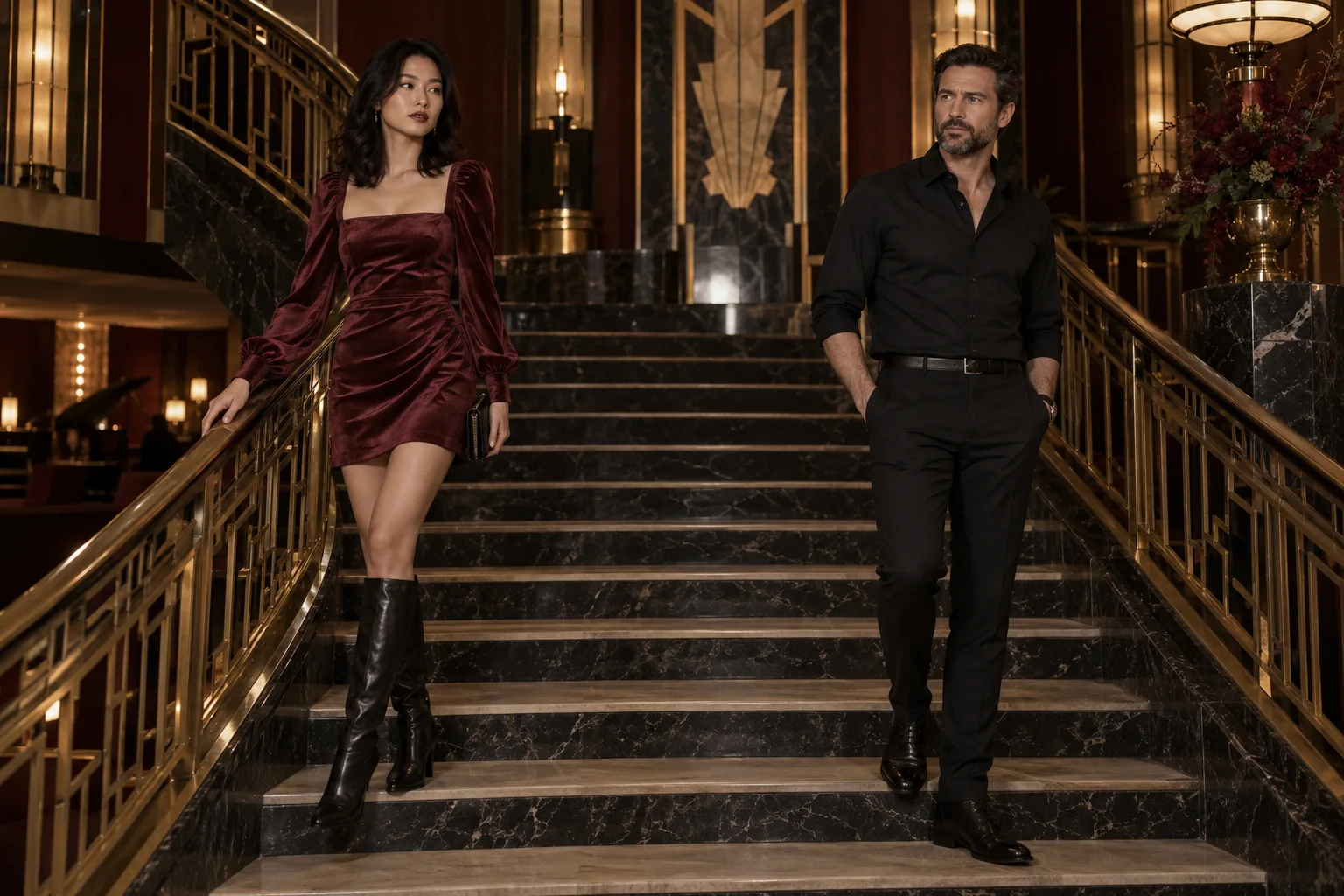 Illustration générée par IA : Femme adulte de 28 ans et homme adulte en mini-robe bordeaux et chemise noire