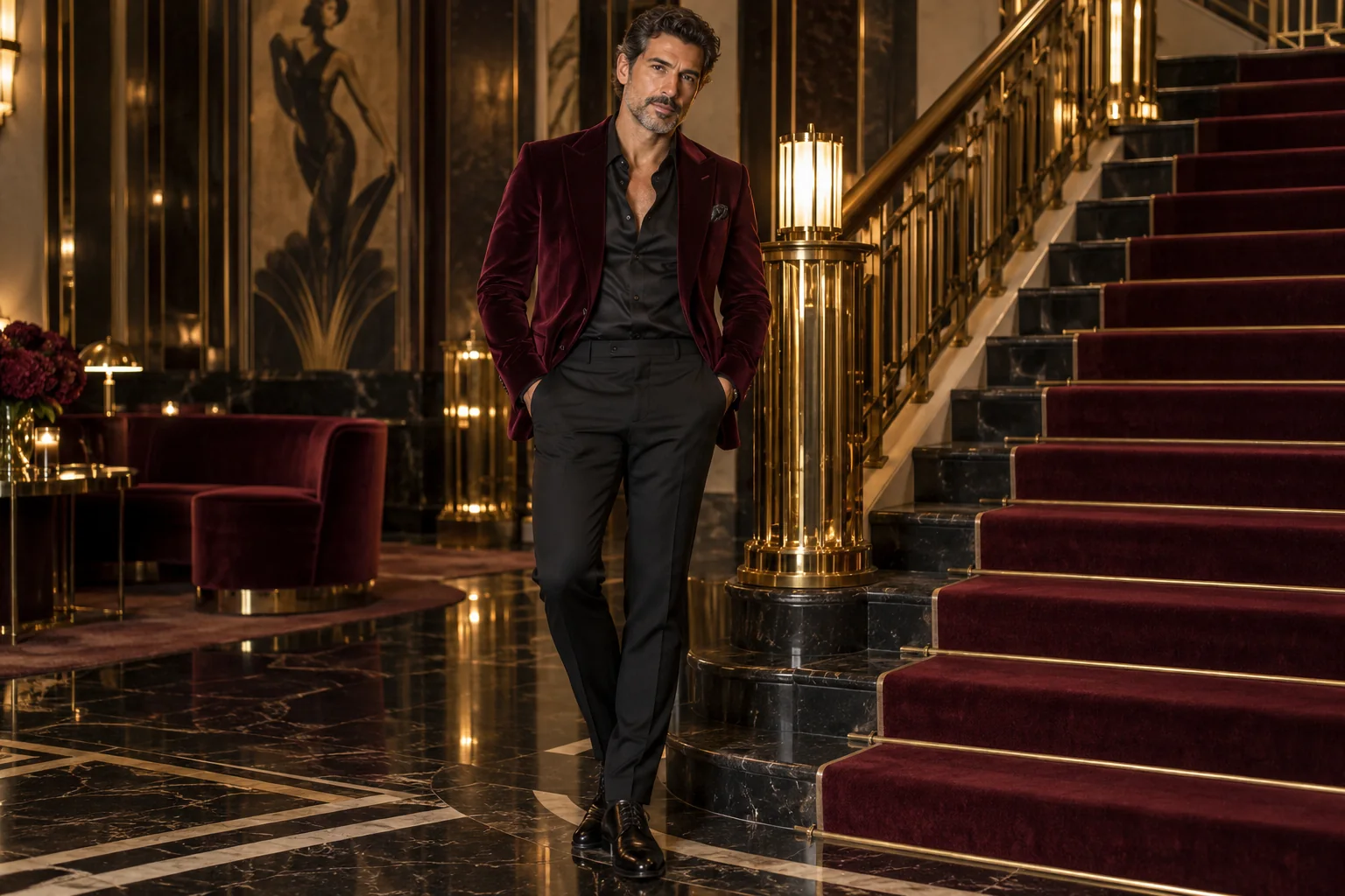 Illustration générée par IA : Homme adulte brun en veste de velours bordeaux et chemise au col ouvert