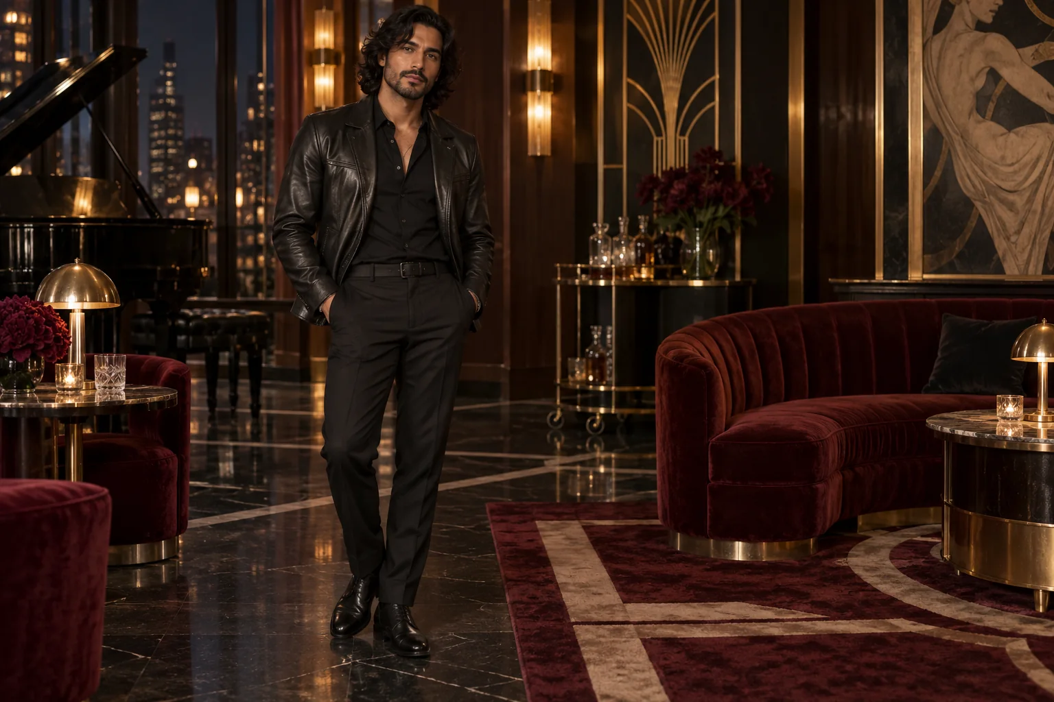 Illustration générée par IA : Homme adulte latino en veste de cuir et chemise noire au col ouvert