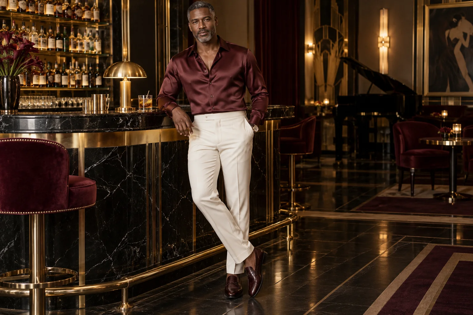 Illustration générée par IA : Homme adulte noir en chemise bordeaux au col ouvert et pantalon ivoire