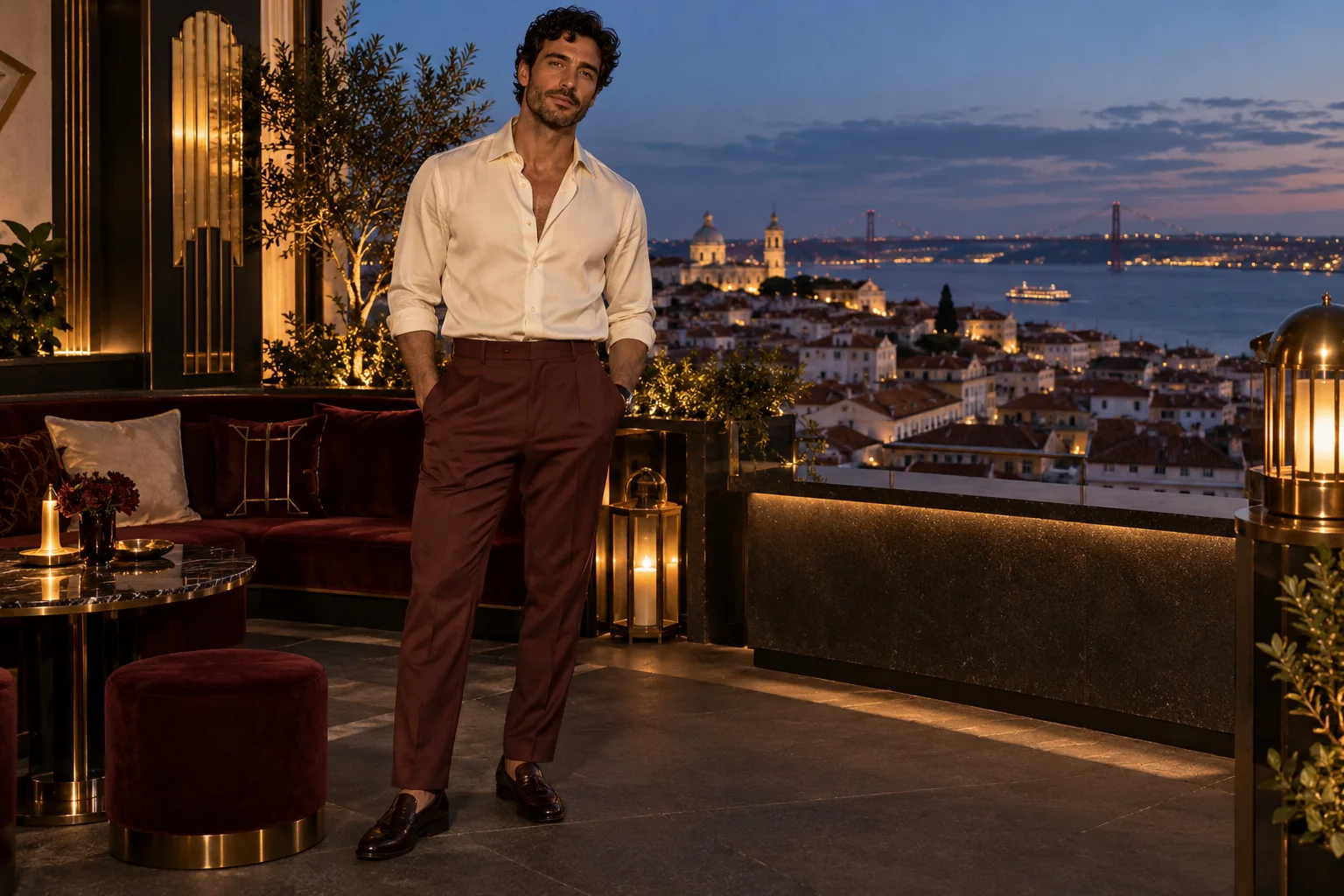 Illustration générée par IA : Homme adulte en chemise ivoire au col ouvert sur une terrasse inspirée de Lisbonne