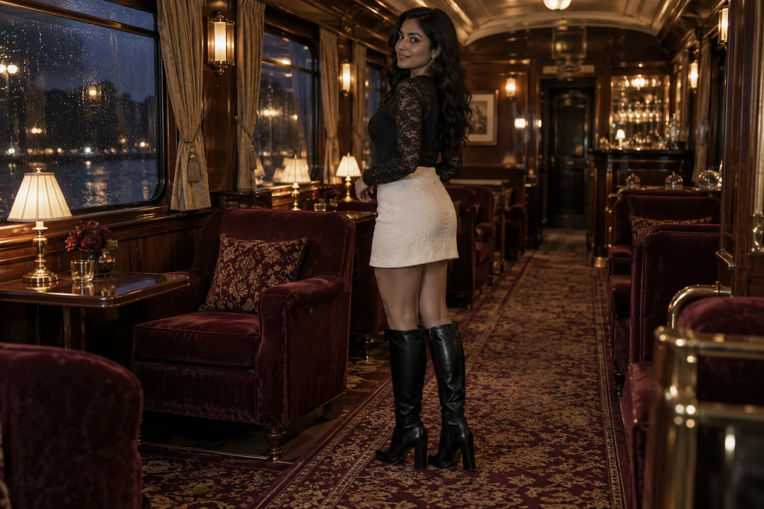 Illustration générée par IA : Illustration générée par IA : Femme adulte de 28 ans, blouse noire à manches de dentelle, jupe courte ivoire et bottes, salon de train ancien de nuit