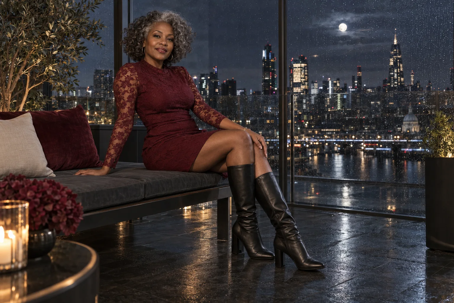 Illustration générée par IA : Femme adulte de 50 ans, robe courte bordeaux à manches de dentelle et bottes noires, terrasse vitrée sous la pluie