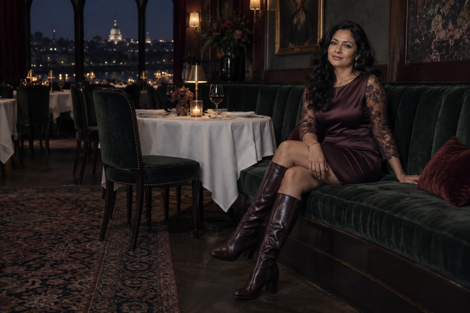 Illustration générée par IA : Femme adulte de 50 ans, robe courte prune et poignets de dentelle, alcôve de restaurant vert sombre