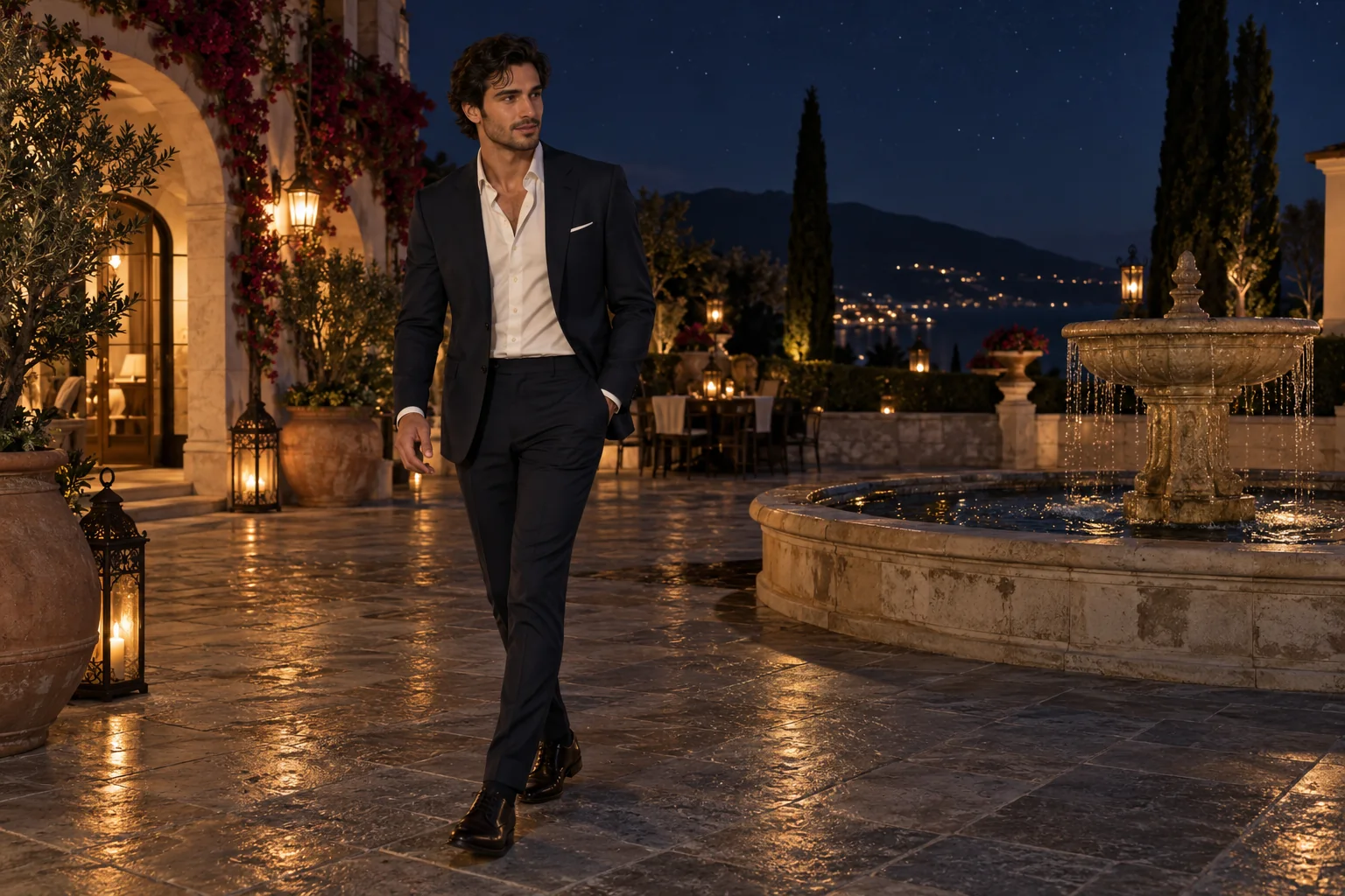 Illustration générée par IA : Homme adulte de 25 ans, costume bleu nuit et chemise ivoire, patio et fontaine sous les étoiles