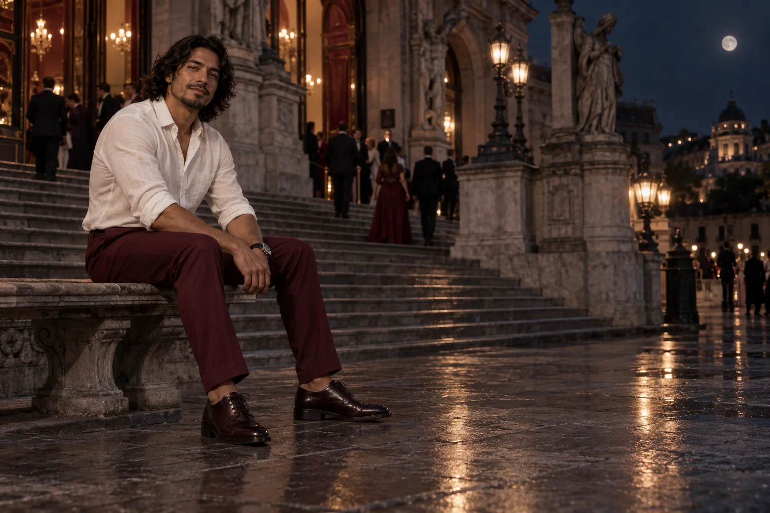 Illustration générée par IA : Homme adulte de 30 ans, chemise ivoire à manches retroussées et pantalon bordeaux, escalier d’opéra après la représentation